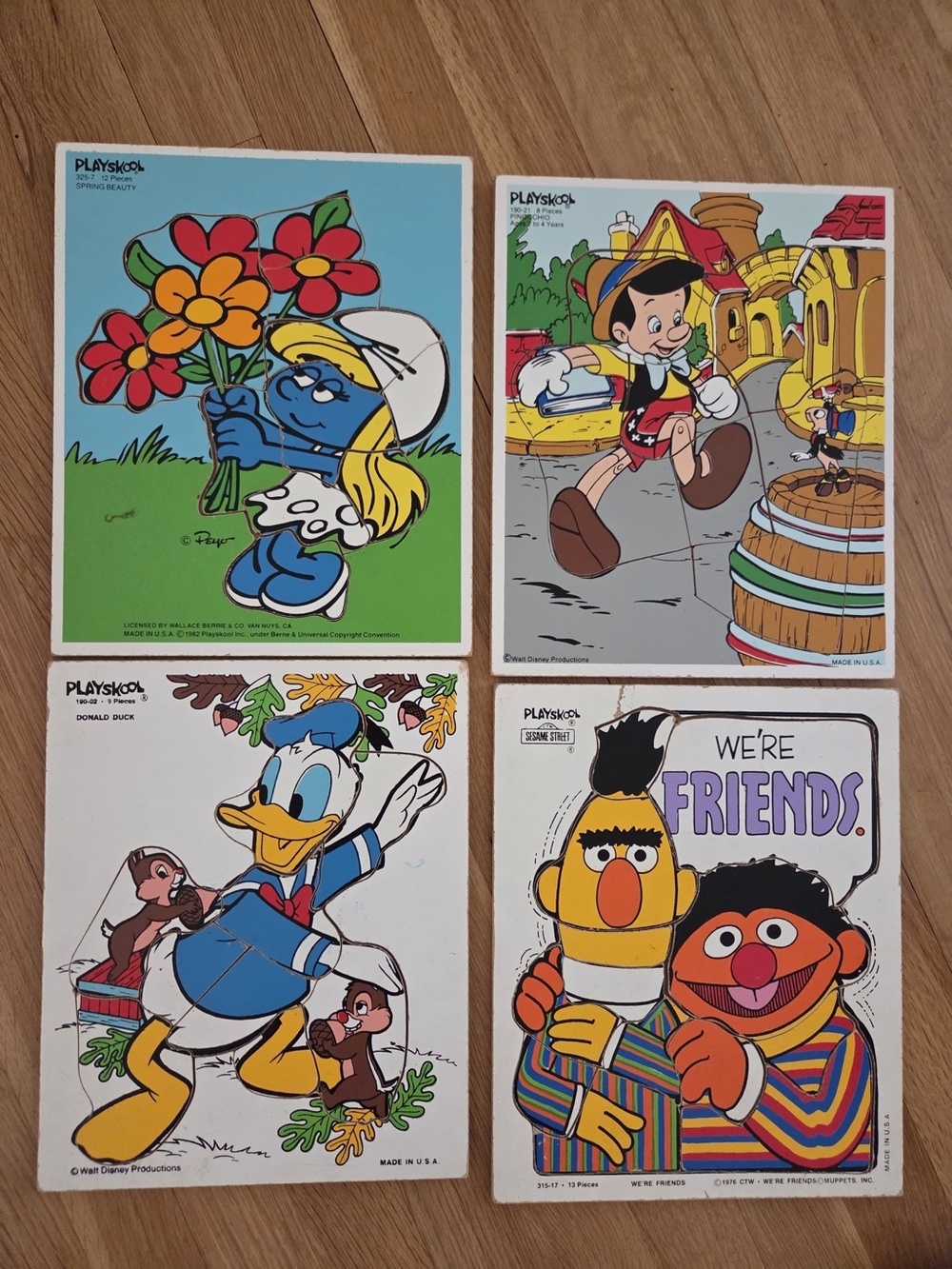 Vintage Playskool Wood Puzzle Lot (4) 1970-80s - Smurfs, Sesame Street, Disney